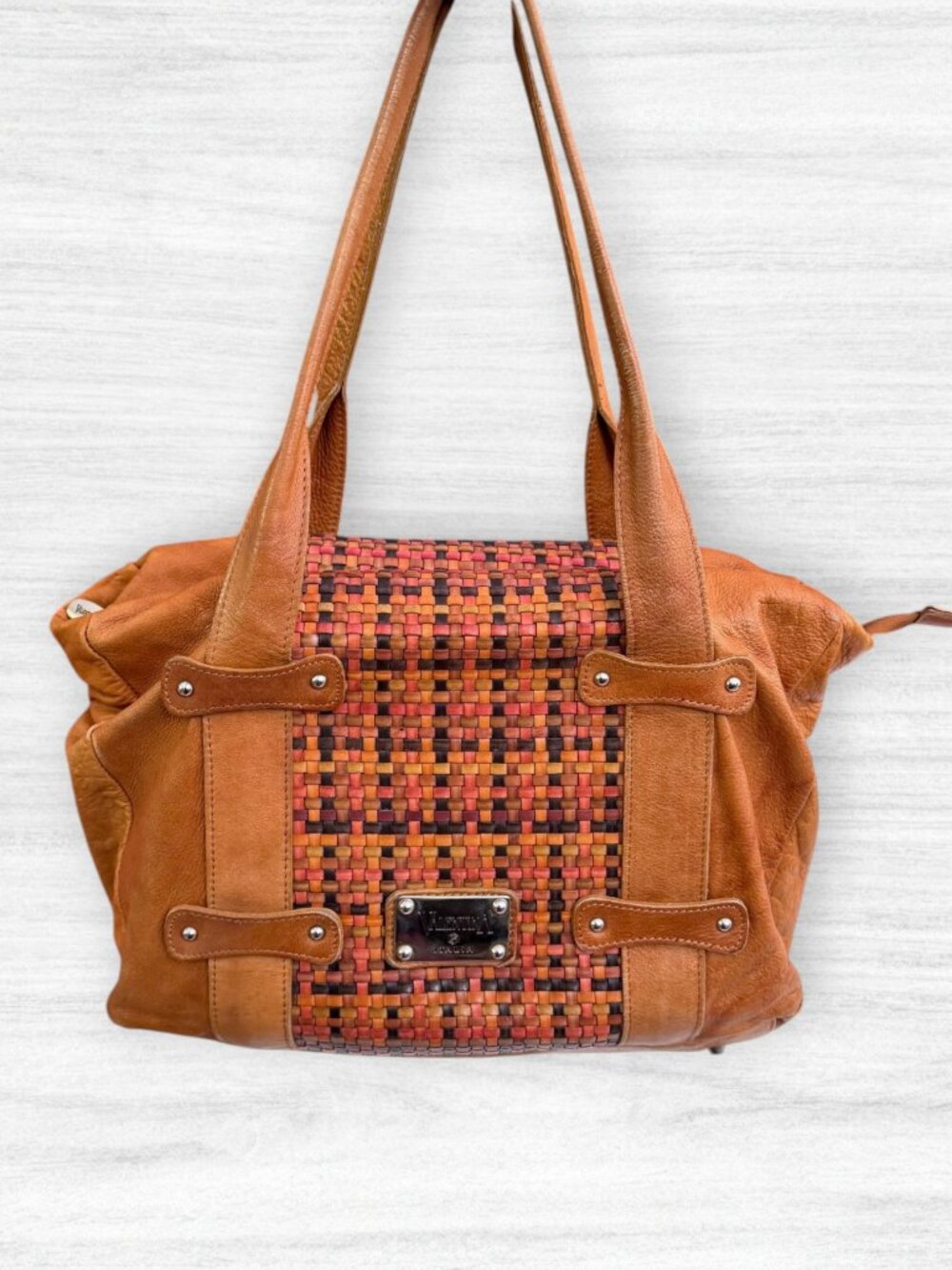 Valentina Italia Woven Leather Satchel Shoulder Bag Cognac Multicolor Tote Fall